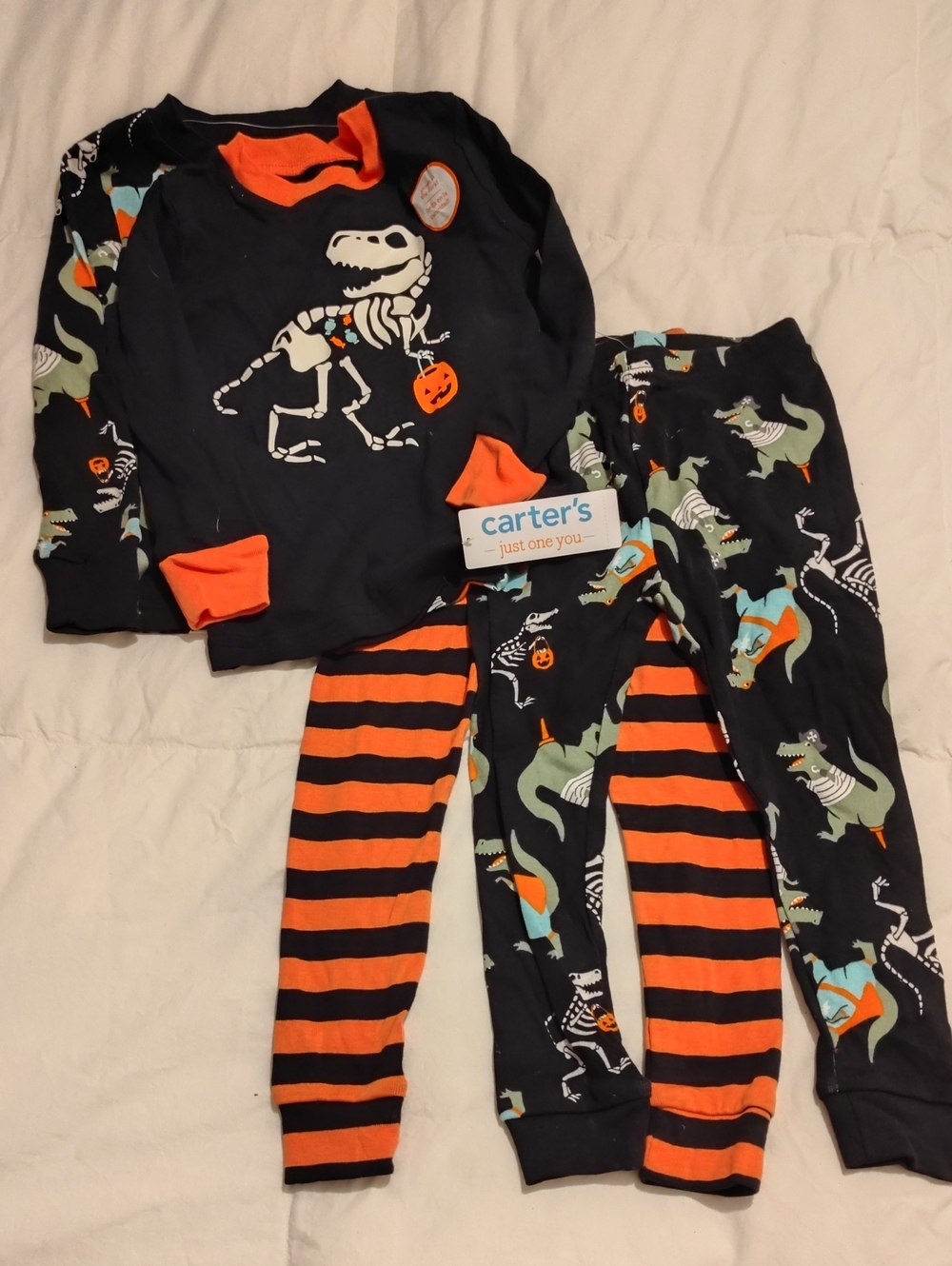 Carter's Black & Orange Dino Skeleton Pajama Set with Green Dino Accents